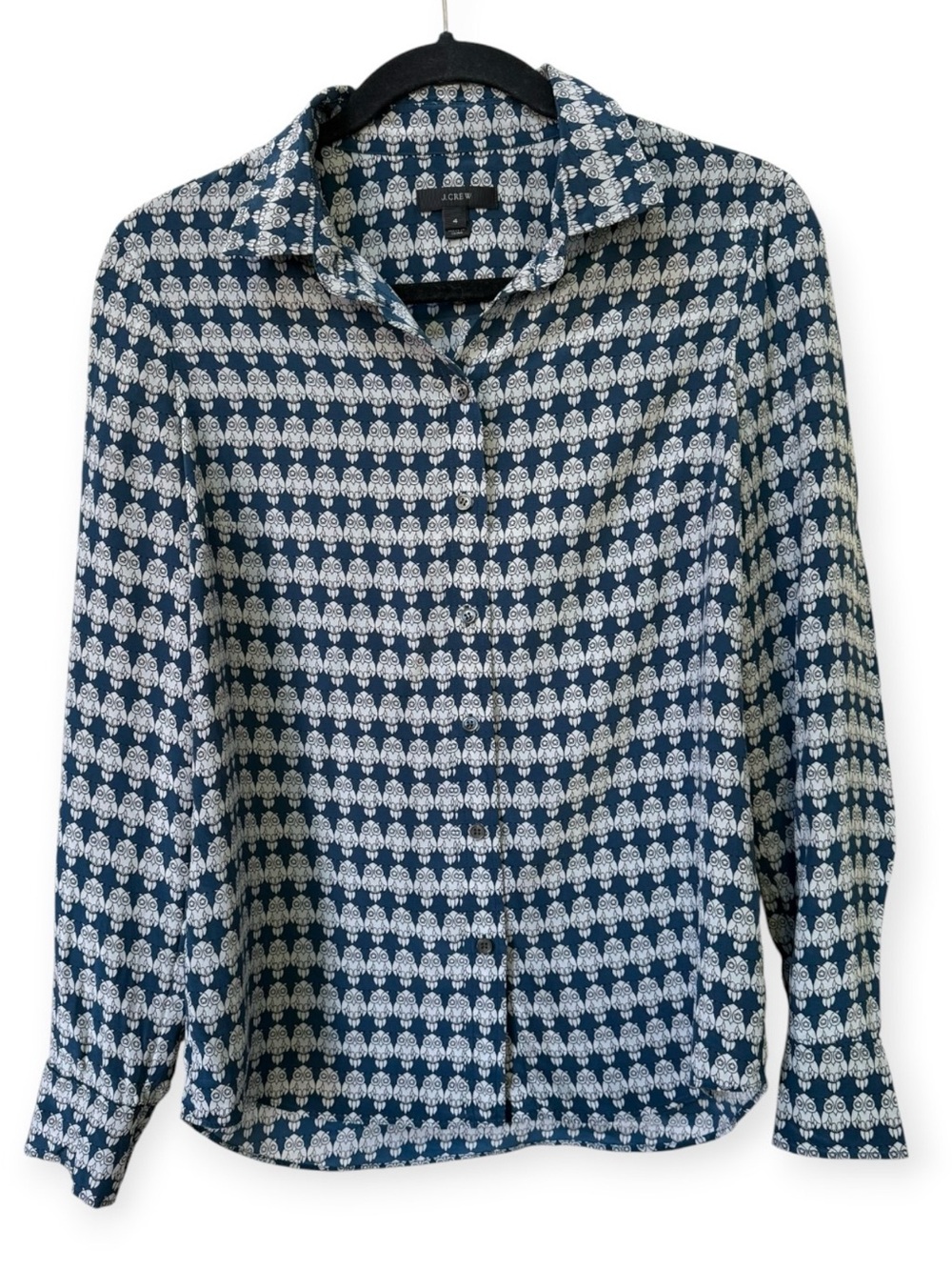 J.Crew 100% Silk Navy Owl Print Button Down Blouse Size 4